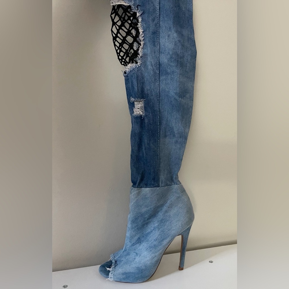 Blue Denim Knee High Peep Toe Boots Party Club Streetwear Festival - Picture 2 of 14